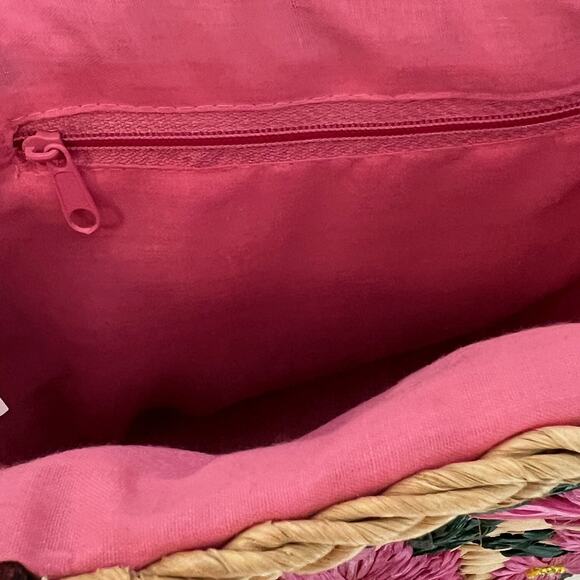 Woven Straw Purse Shoulder Bag Purse Embroidered Pink Flowers 10x7x5 in New - Picture 3 of 8